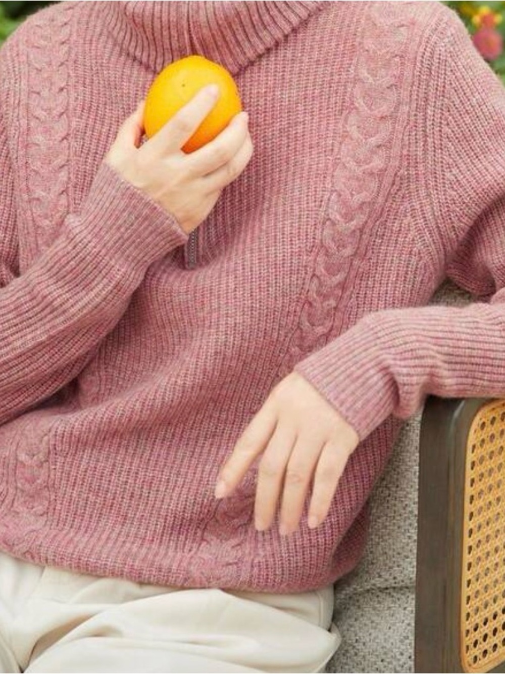Cozy Cable-Trim Turtleneck Sweater - Dusty Rose